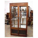  Lot 209 Asian hardwood 2pc 4 door display cabinet with mother of pearl inlay and glass shelves
