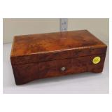  Lot 223 Thorens vintage exotic burl walnut Swiss music box, single comb, teeth are good, working, a