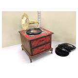  Lot 255 M.I.M. Lador New York jewelry box 5" disc player in the manner of antique Victrola, (includ