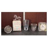  Lot 513 (5) vintage lead crystal, 2 vases, 2 clocks and babies first crystal in box