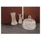  Lot 516 (3) semi antique cut glass items, including 8" dome with under plate, 9" vase and cruet