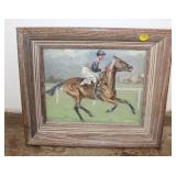  Lot 535 Mid Century oil print on board of race horse with jockey, original frame
