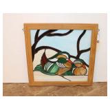  Lot 589 Vintage framed leaded glass decorative window of water fowl, approx. 16"x16"