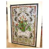  Lot 592 Beautiful semi antique large leaded stained glass window of cattails and jewels, with some 