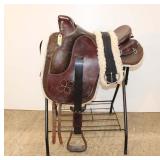  Lot 598 Ortho Flex 13" leather riding saddle, two tone brown, with stand and blanket