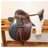  Lot 600 14" leather riding saddle, two tone, brown and black and blanket (Stand in Photo NOT Includ
