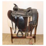  Lot 601 Youth 10" leather pony saddle in the black with stand and blanket