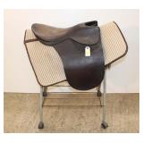  Lot 604 13" brown leather riding saddle with blanket and stand