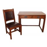  Lot 520 Stickley mission oak 2 drawer writing desk with matching leather seat and back chair