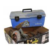  Lot 807 Box with tool box, chainsaw blades, circular saw and more