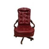  Lot: 118 - Hickory office chair leather scroll arm button tuft tacked swivels