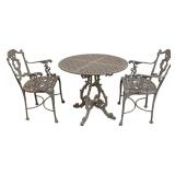 Lot 130: Nice heavy cast aluminum 3pc. Bistro patio set, structurally sound, in good condition, table 32" dia. 28"h, chairs 21"w x 17"d x 34"h with seat height 17" 