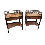 Lot 509: Pair of Sahon Furniture NY, quality solid mahogany burl 1 drawer stands with high top galleries, good condition