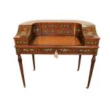  Lot 511: Maitland Smith leather top Carlton desk, beautiful solid mahogany and banded paint decorated with musical instruments, like new condition