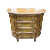  Lot 529: Marge Carson fantastic brandy board, like new condition, quality 4 drawer 2 door carved light walnut finish and leather top demilune