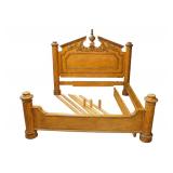 Lot 534: Marge Carson king or california king, adjustable double slotted, impressive, carved light walnut wood, distressed finish, a real statement piece of furniture