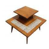 Lot 682: Mid century modern lamp table, walnut, square, two tier tile top original found condition