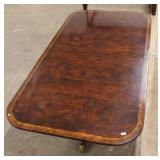 Quality Jonathan Charles solid mahogany and banded dining room table with (2) 22" skirted leaves, structurally sound and in good condition, very well made and high end, 88"l x 48"w x 30"h, opens 12