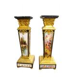 Awesome Pair of Bronze and Porcelain Marble Top Pedestals with heavily applied bronze, hand painted and transferred,  South Jersey Auction