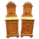 Beautiful Pair of Antique Birdseye Maple Marble Top Victorian Nightstands or Cabinets, carved tops with candle stands, match pair of right and left, original finish, dovetailed construction