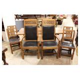 7 piece oak made by Derek Slater titled the Fisherman, 1 of the Yorkshire Critter Collection England, Trestle Dining Room Table with 6 matching chairs, all pegged construction, original finish