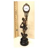 Antique Pendulum Figural Clock on Pedestal in the bronze finish, in working order but time kept unknown, structurally sound and no noticeable issues, 4" diameter x 16"h  www.SouthJerseyAuction.com