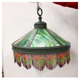 Arts and Crafts style slag glass ceiling light fixture, glass is good with beaded hanging fringe with junction box cover www.SouthJerseyAuction.com