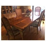 WALNUT dining table, can seat up to 12 with 2 leaves; 6 chairs