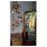 French Style Cheval Mirror &  Vintage Hollywood Regency 5 Tier Crystal Prism Swag Lamp Chandelier