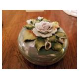 Trinket dish with lid with flower and leaves England Translucent paint 