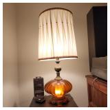 Vintage Pair Amber Glass & Brass Table Lamps original Shades Hollywood Regency Style
