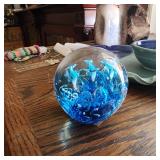 Paperweight Handblown Fish Vintage Art Glass Blue Swirl
