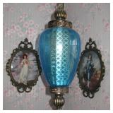 Vintage Mid Century Modern Retro Swag Lamp Hanging Light Blue Glass Large 