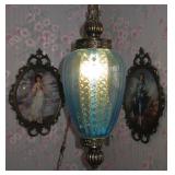 Vintage Mid Century Modern Retro Swag Lamp Hanging Light Blue Glass Large 