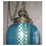Vintage Mid Century Modern Retro Swag Lamp Hanging Light Blue Glass Large 