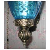 Vintage Mid Century Modern Retro Swag Lamp Hanging Light Blue Glass Large 