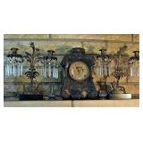 Ornate Castiron Antique Clock and European Iron Candlestick holders Carved. 