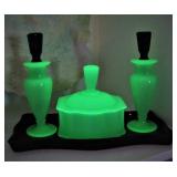 Art Deco Vaseline Glass Vanity Set - Glowing 
