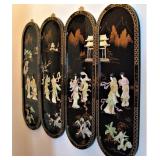 Asian Black Lacquer Ornate Mother of Pearl Large Wall Panels 