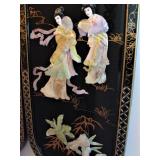Asian Black Lacquer Ornate Mother of Pearl Large Wall Panels 