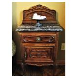 Ornate Wood Antique Marble Top Nightstand 