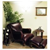 Gorgeous Leather Ornate Carved Wood Chair and Ottoman 