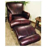 Gorgeous Leather Ornate Carved Wood Chair and Ottoman 