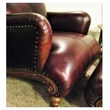 Gorgeous Leather Ornate Carved Wood Chair and Ottoman 