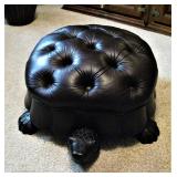 Leather Wood Carved Tortoise Ottoman 