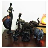 African Carved Wood Figurines and Elephants 