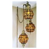 Vintage Midcentury Modern Swag Lamp with Amber Crackle Glass Globes 