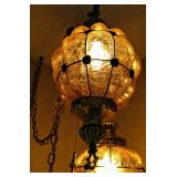 Vintage Midcentury Modern Swag Lamp with Amber Crackle Glass Globes 