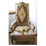 Vintage High Back Chair and Syroco Wall Clock with Matching Wall Plaques 