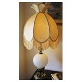 Vintage Milk Glass Lamp with Fringe Shade 